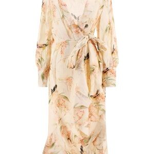 Zimmermann Coral Bird Wrap Midi Dress